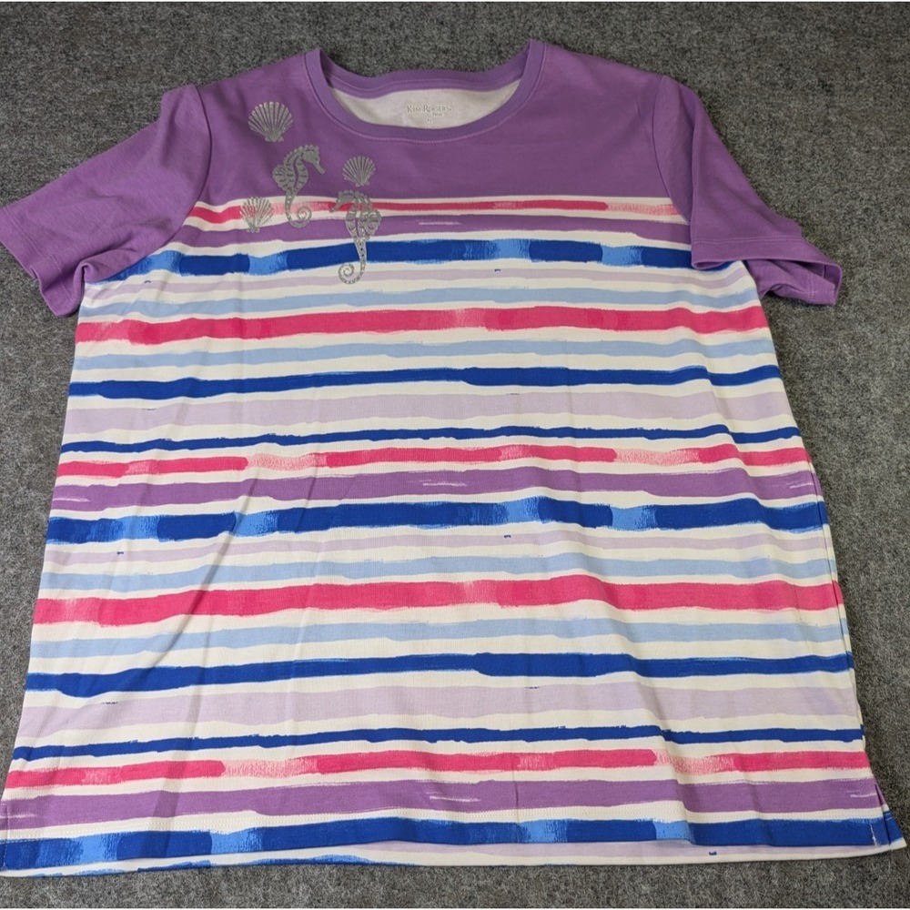 Kim Rogers Petites Women's PL Striped Round Neck Knit T-Shirt Embellished